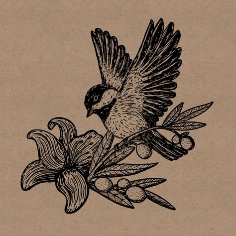 Detailed bird lands on a branch in linocut style. Send an email to infodesignini@gmail.com for a custom design. Sick Tattoos, Woodcut Tattoo, Engraving Tattoo, Branch Tattoo, Sick Tattoo, Bird Tattoo, Flying Bird, Birds Tattoo, Blackwork Tattoo