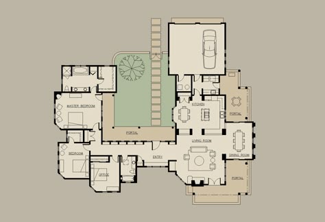 LOVE these plans for a California style ranch-  i love the entry way and hall ways.. I would extend that front porch all the way to the entry way and i would take out the dining room Courtyard Floorplan, Hacienda House Plans, House With Courtyard, California Ranch Style Homes, U Shaped House Plans, House Plans 2 Storey, Hacienda House, U Shaped Houses, Pinterest House