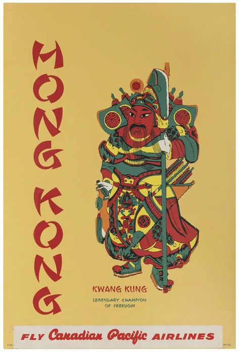 Hong Kong / Kwang Kung. Hong Kong Tourist Association, ca. 1960s. Silkscreen tourism poster with a Canadian Airlines label over credits. 30 x 20”. Sligh{ellipsis} on May 15, 2021 Hong Kong Poster, Kong Art, Vintage Hong Kong, Guan Yu, Tourism Poster, Project Inspiration, Photo Vintage, Affordable Wall Art, Vintage Travel Posters