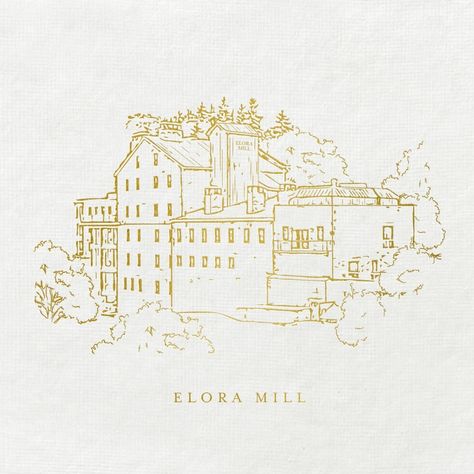 Looking to announce your wedding venue in style? Having a custom sketch featured on your save the dates or wedding invitation suite is such a fun and elegant touch. This custom venue sketch of the rustic and historically charming Elora Mill is sure to captivate, especially when paired with letterpress of foil stamping🤍✨ Elora Mill Wedding, Custom Wedding Illustration, Venue Sketch, Art Wedding Invitations, Venue Design, Venue Illustration, Wedding Graphics, Digital Sketch, Wedding Illustration