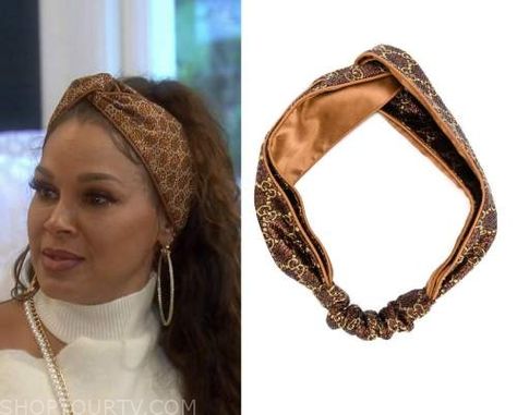 Real Housewives of Beverly Hills: Season 12 Episode 11 Sheree's Metallic Gucci Headband Gucci Headband Outfit, High Messy Bun, Gucci Headband, Messy High Bun, Turban Cap, Pearl Bridal Headband, Real Housewives Of Beverly Hills, Where To Buy Clothes, Headband Outfit