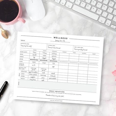 Wellness Planner Ideas, Weekly Planner Pad, Sleep Exercise, Wellness Planner, Wellness Tracker, Habit Tracker Printable, Wellness Journal, Art Lettering, Minimalist Planner