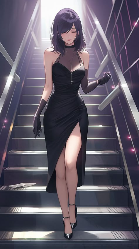 Modern Anime Woman, Anime Woman In Black Dress, Anime Boss Lady, Rich Anime Woman, Anime Dress Reference, Anime Woman In Suit, Pretty Anime Women, Anime Female Oc, Vestidos Anime