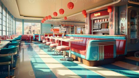 Retro vintage diner restaurant, interior design, stylish old fashioned design concept, AI Generative Modern Diner Design, Diner Exterior Design, Diner Exterior, Diner Restaurant, Vintage Diner, Animal Sanctuary, Restaurant Interior Design, Restaurant Interior, Cafe Design