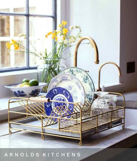 This concrete worktop was hand trowelled to make a drainage slope, shown here with a goregous gold dish rack in a Bath town house. This shot is from the Grahame & Green Christmas catalgoue. Concrete Worktop, Beech Kitchen, Kitchen Dish Rack, Gold Drinks, Pine Dining Table, Dish Drying Rack, Kitchen Roll Holder, Dish Rack, Gold Kitchen