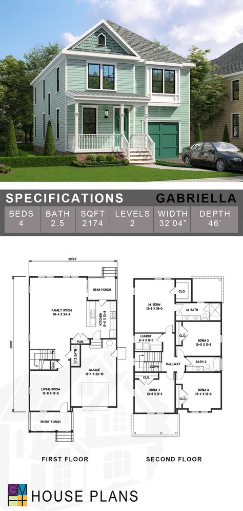 The Gabriella model home is designed for a narrow urban lot. In neighborhoods where traditional architectural styling is preferred, a front-loaded garage may be undesirable. In the Gabriella plan, the garage is recessed such that shadows and plantings diminish the prominence of the garage door. This plan offers four bedrooms on the second floor and a large open living area on the first floor while an efficient layout keeps the overall living space under 2,200 SF and 32’4” wide. Second Floor Plans Layout, Second Floor Floor Plan, Cute House Floor Plans, American House Layout, Floor Plans No Garage, Small Family Home Floor Plans, Sims 4 Layout Floor Plans, Sims Floor Plans, Home Layout Plans