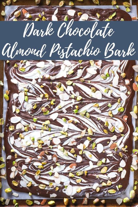 Crunchy, creamy and salty, sweet, this easy Swirled Dark Chocolate Almond Pistachio Bark recipe is a great last minute candy idea for a party or for gifting! #chocolatebark #pistachios #foodgifts Pistachio Chocolate Bark, Pistachio Bark Recipe, Dark Chocolate Almond Bark, Pistachio Bark, Almond Bark Recipes, Easy Candy Recipes, Dark Chocolate Candy, White Chocolate Candy, Candy Bark