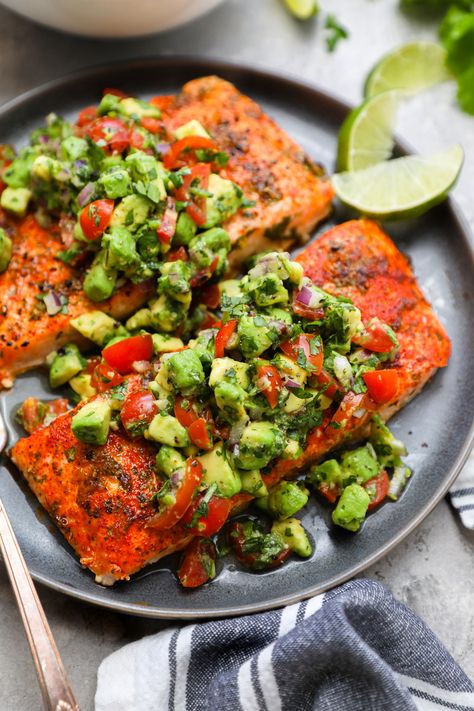 Cilantro Lime Salmon With Avocado Salsa, Baked Cilantro Lime Salmon, Avocado Lime Salmon, Cilantro Lime Salmon Recipes, Salmon Salsa Recipes, Salmon Lime Recipes, Cilantro Meals, Whole Baked Salmon, Mediterranean Entrees