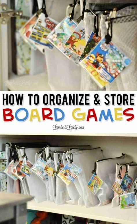 This post shows ideas for board game storage & organization, including using storage bags to file games on a cabinet shelf and the best solutions to save space without a game box. Storage Ideas For Games, Organizing Games In Bags, Game Storage Bags, Peg Board Toy Storage, How To Organize Games, Card Game Organization, Game Cabinet Organization, Board Game Cabinet, How To Organize Board Games