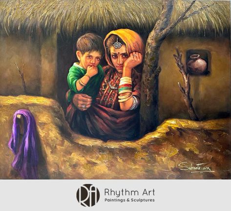 This artwork is undoubtedly wall art that will multi-fold the look of all interiors. This Rajasthani painting of a mother and child duo is made by an immensely talented artist. It depicts the heritage and simplicity of Royal Rajasthan. The rural background is painted with complete perfection for that realistic effect. Rajsthani Women, Rajasthan Painting, Rhythm Art, Mother And Child Painting, Rajasthani Painting, Rajasthani Art, School Murals, National Animal, Family Painting