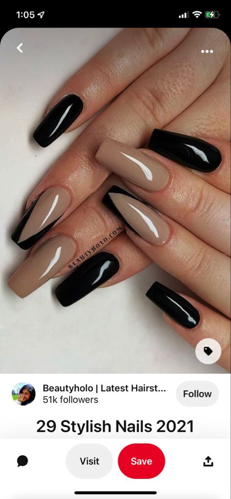 Black And Tan Acrylic Nails Coffin, Dip Powder Nails With Designs Black, Black And Beige Nails Acrylic, Black Gel Nail Designs Coffin, Neutral With Black Nails, Tan Nails Black Tip, Brown Nails Black Tips, Beige Nails Black Tips, Beige Nails With Black Design