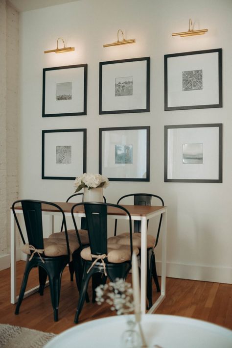 Photos Above Buffet Table, Pictures Behind Lamps In Bedroom, Dining Room Portrait Wall, Kitchen Wall Decor Behind Table, Decor Behind Dining Table, Wall Behind Kitchen Table Decor, Wall Behind Dining Table Decor, Artwork For Dining Room Walls, Gallery Wall Ideas With Lights