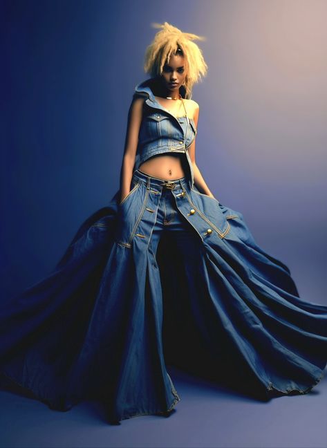 Ai generated fashion inspired by AfroCyberPunk Denim Design Fashion, Denim Fashion Design, Denim High Fashion, Denim Gown, Denim Ruffles, Denim Wedding Dresses, Fashion Transformation, High Low Ball Gown, Fashion Design Books