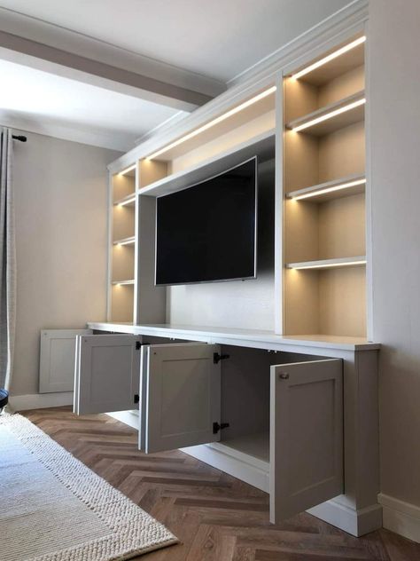 Modern Bookcase With Cabinet, TV Unit With LED Lighting - Etsy Bookcase With Cabinet, Built In Tv Unit, Tv Shelving, Built In Tv Cabinet, Built In Tv Wall Unit, Tv Shelves, Living Room Toy Storage, Bedroom Tv Stand, Bookcase Tv Stand