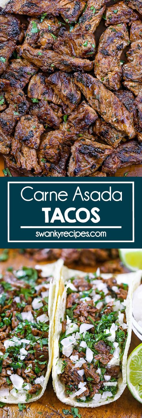 Carne Asada Tacos - The BEST carne Asada Tacos with cilantro, onions, lime juice, and hot sauce. A simple and delicious beef skirt steak marinade with authentic seasoning and flavors. You'll want these tacos for a quick fix lunch or dinner recipe idea. Asada Recipes, Asada Marinade, Steak Marinated, Carne Asada Recipes, Authentic Mexican Recipes, Carne Asada Tacos, Asada Tacos, Steak Tacos, Taco Recipe