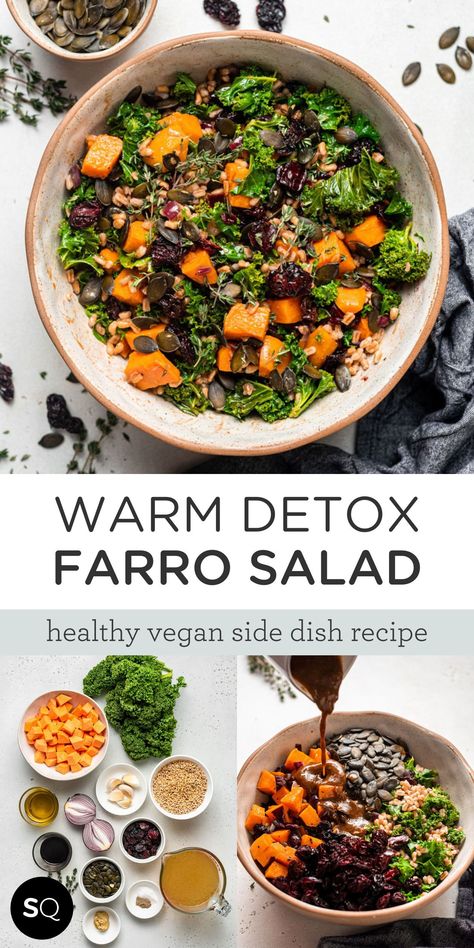 This Warm Detox Farro Salad is a delicious healthy vegan side dish that is perfect for winter. But when the weather is chilly, a raw and fresh salad isn't always what I'm craving. That's when I turn to hearty grain-based salads with veggies. This easy to make healthy salad is packed with nutrients, vegetables and flavor. Ingredients: Sweet potato, Onion, Garlic, Thyme, Farro, Kale, Dried Cherries, Pumpkin Seeds and Balsamic Dressing (Olive oil, Balsamic vinegar, Dijon mustard). | Simply Quinoa Vegan Grain Salad Recipes, Farro Sweet Potato Recipes, Sweet Potato Farro Salad, Warm Vegan Salad, Seed Salad Recipes, Warm Farro Salad, Warm Winter Salad, Farro Bowl, Warm Salads