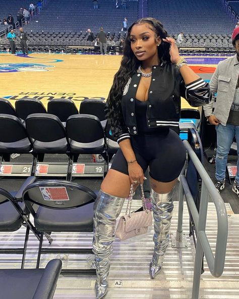 #CLOSETBABE on Instagram: “LIT GIRL FAVORITES ARE BACK! 🗣 shop The Baddie Letterman Jacket (Black) . Get free shipping using code FREESHIP! 🚨 Get yours before they’re…” Letterman Jacket Outfit Black Women, Biker Jacket Outfit Black Women, Thigh High Boots Outfit Black Women, Shorts With Thigh High Boots, Jacket Outfit Black Women, Outting Outfits, Armani Caesar, Black Thigh High Boots Outfit, Letterman Jacket Outfit