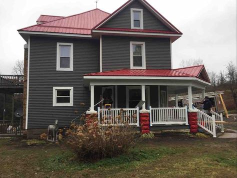 siding and roof color Houses With Burgundy Metal Roof, Red Tin Roof House Colors, Red Metal Roof House Colors, Houses With Red Metal Roofs, House Colors With Red Roof, Grey House With Red Roof, Maroon Roof House Colors, Red Metal Roof Houses, House Exterior Red Roof