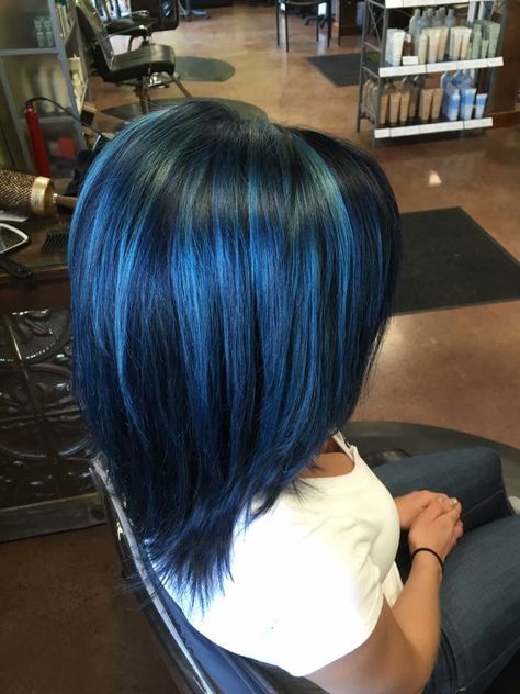 Blue Hair With Blue Highlights, Blue Hair Inspo Color, Dark Blue Hair With Light Blue Streaks, Light Blue And Black Hair, Blue And Blonde Hair Peekaboo Highlights, Electric Blue Hair Highlights, Blue Streaks In Hair, Blue Hair With Highlights, Medium Blue Hair