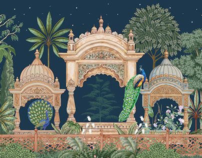 Check out new work on my @Behance profile: "Mughal Garden at Night with Peacocks and Temples" http://be.net/gallery/200392459/Mughal-Garden-at-Night-with-Peacocks-and-Temples Creative Invites, Peacock Vector, Mughal Miniature Paintings, Dancing Wedding, Royal Wallpaper, Peacock Garden, Ancient Drawings, Mughal Art Paintings, Wallpaper Seamless