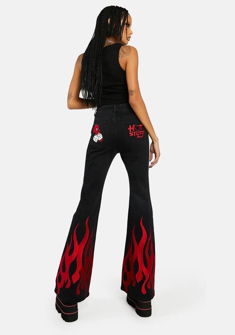 Fire Inspired Outfits, Flame Jeans, Embroidered Flames, Flame Pants, Ice Theme, Pink Platform Boots, Customised Clothes, Fire Clothes, Black Cowgirl Boots