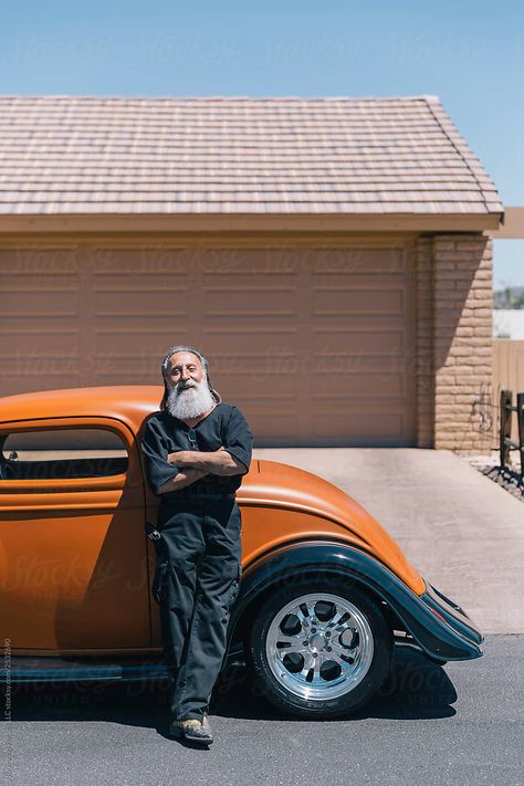 Stock Photo of  Cool Senior Man With His Classic vintage Hot Rod Car outside in His Home by Raymond Forbes Photography for Stocksy United #hip #cool #seniorlifestyle #stockphoto #stockphotos #beard #oldmanstockphoto Mechanics Photography, Organizing Small Spaces, Classic Car Photography, Vintage Hot Rod, Man Photography, Retirement Humor, Senior Citizen, Hot Rods Cars, Car Guys