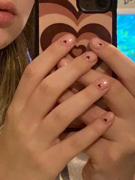 cute pink nails with small cutesy hearts Red Small Nails, Nails With Small Heart, Cute Heart Nails, Cute Pink Nails, Light Pink Nails, Clear Nail Polish, Cute Heart, Heart Nails, Red Hearts