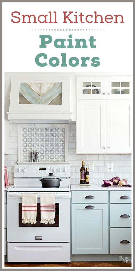 Give your small kitchen big style with these paint colors for small kitchens - ideas and inspiration for your dream kitchen! Craftsman Kitchen Colors Schemes, Kitchen Wall And Cabinet Color Schemes, Paint Colors For Small Kitchens, Make Kitchen Look Bigger, Small Kitchen Colors, Farmhouse Kitchen Colors, Kitchen Colour Combination, Best Kitchen Colors, Kitchen Big