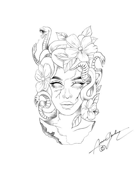 Medusa Tattoo Ideas For Women, Fine Line Medusa, Medusa And Flowers Tattoo, Medusa Tattoo Flowers, Medusa Flower Tattoo, Medusa With Flowers Tattoo, Medusa Tattoo With Flowers, Medusa Tattoo Feminine, Medusa Tattoo Drawing