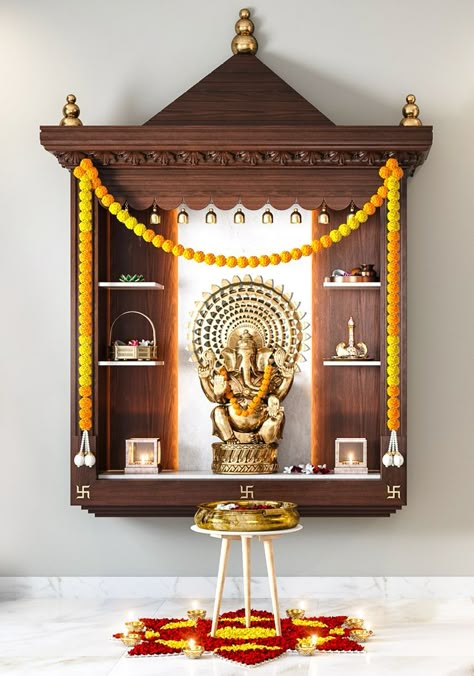 mandir-ideas-for-small-space-in-traditional-living-room Small Pooja Unit, Puja Unit Design, Mandir Ideas, Wooden Temple For Home, Mandir Designs, Jaali Design, Mandir Design, Temple Design For Home, Pooja Mandir