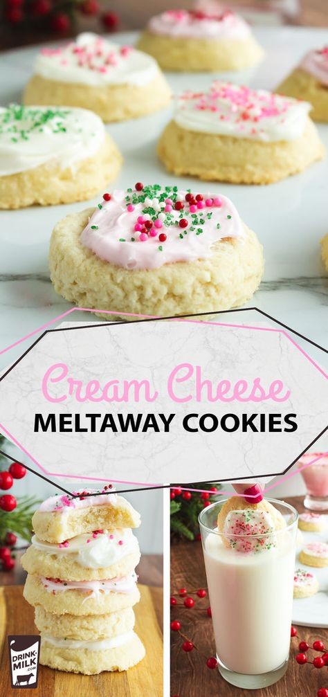 Light, buttery cookies with tangy cream cheese frosting! Cream Cheese Meltaway Cookies, Dutch Cookies Recipes, Christmas Cookies Cream Cheese, Holiday Sweets Recipes, Desserts With Cream Cheese, Cookies With Oatmeal, Cannoli Dip, Meltaway Cookies, Cream Cheese Desserts