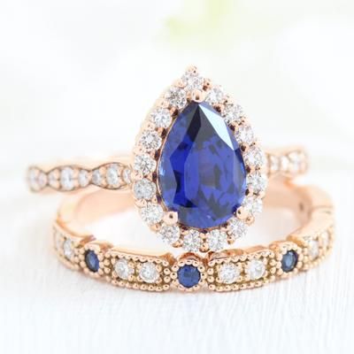 Sapphire Diamond Wedding Band, Halo Diamond Ring Set, Sapphire Bridal Set, Pear Engagement Ring Halo, Rose Gold Halo Engagement Ring, Diamond Alternative Engagement Ring, Blue Sapphire Diamond Ring, Sapphire Engagement Ring Set, Matching Wedding Rings