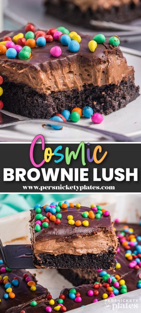 A cosmic brownie lush is a step above the classic cosmic brownie! We're starting with a base of rich, fudgy chocolate brownie and adding a cream cheese and chocolate pudding layer and then a chocolate ganache adorned with rainbow sprinkles. You can't get any more decadent or delicious! Birthday Cake Lush, Cosmic Brownie Ice Cream Sandwich, Cosmic Brownie Cake, Lush Dessert Recipes, Cosmic Brownie Recipe, Fun Brownies, Brownie Birthday Cake, Layered Brownies, Heavenly Dessert Recipe