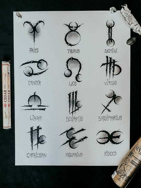 Tattoos For Goths, Goth Zodiac Tattoo, Gothic Zodiac Tattoos, Gothic Virgo Tattoo, Goth Aesthetic Tattoos, Witch Aesthetic Tattoo, Zodiac Signs Tattoos, Gothic Symbols, Dark Tattoo Designs