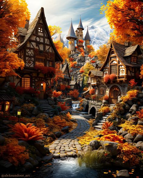 Fantasy Setting Village, Autumn Gardening, Fantasy Village, Storybook Homes, Beautiful Flower Drawings, Underwater Art, Wallpaper Earth, Fantasy Homes, Cottage Art