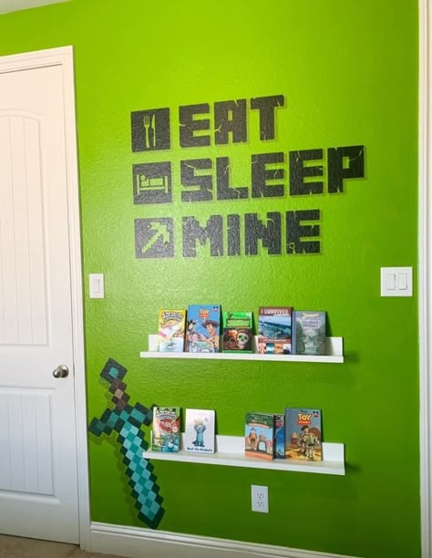 Minecraft Wall Decals, Minecraft Accent Wall, Minecraft Bedroom Wall Ideas, Minecraft Theme Bedroom, Minecraft Inspired Bedroom, Simple Minecraft Bedroom, Minecraft Room Ideas In Game Bedroom, Minecraft Bedroom Ideas Real Life, Minecraft Boys Room