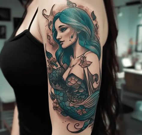 Siren Tattoos For Women, Sagittarius Mermaid Tattoo, Mermaid Tattoo Designs For Women, Mermaid Tattoo Designs Sirens, Pearl Necklace Tattoo, Pisces Mermaid Tattoo, Pin Up Mermaid Tattoo, Mermaid Tattoos For Women, Mermaid Pinup Tattoo