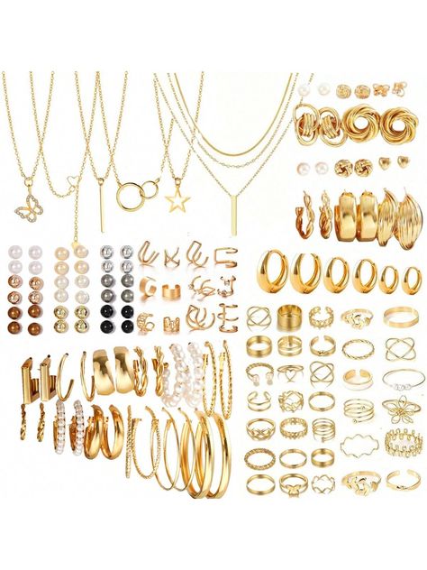 35pcs/86pcs/61pcs/64pcs Simple Metal Geometric Faux Pearl Butterfly, Heart Shaped Necklace, Earring, Ring Jewelry Set For Women, Gift For Vacation, Daily Wear Yellow Gold Fashionable        Women Fashion Jewelry, size features are:Bust: ,Length: ,Sleeve Length: Cheap Jewelry Website, Jewellery Essentials, Gold Inspo, Jewelry Shein, Shein Jewelry, Aliexpress Finds, Xoxo Jewelry, Girly Christmas Gifts, Schmuck Gold