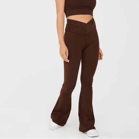 Aerie Offline Brown Dark Maple Real Me Crossover Wrap Flare Leggings New With Tags Size L 13.5 In Waist Across 10.5 In Rise 31 In Inseam Super Stretchy And So Smooth And Comfortable Color Is The Same As The Model But My Lighting Couldn’t Capture The True Color Light Support Lightweight Fabric Made To Play Fast Drying Buttery Smooth Most Popular Feels Like The Real You! Ultra-Light With Soft Support & A Weightless Touch. The Trendiest Hugs-Just-Right Front Wrap. A V-Seam Made To Fit You In All Th Cross Leggings, Criss Cross Leggings, Aerie Leggings, Aerie Offline, Boot Cut Leggings, High Waisted Black Leggings, Lace Up Leggings, Black Leather Leggings, Brown Leggings