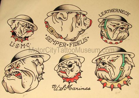 Usmc Tattoo, Vintage Tattoo Flash, Nose Tattoo, Trad Flash, Antique Tattoo, Tatoo Dog, Sailor Jerry Tattoo Flash, Trad Tattoos, Tattoo Museum