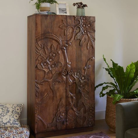 CRAFT Zian Natural Carved Wood Floral Storage Cabinet - World Market Carved Wardrobe, Haveli Design, Cabinet For Storage, Floral Storage, Wide Shelves, Cherry Blossom Design, Design Houses, Hardwood Furniture, Blossom Design