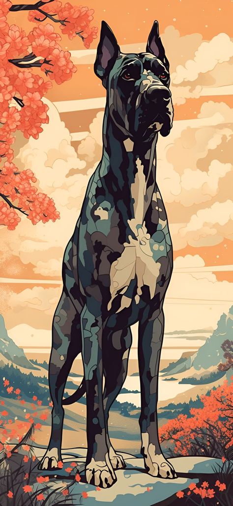 A Ukiyo-E style depiction of a Great Dane standing in a valley under an orange sky, perfect for an aesthetic phone wallpaper. Great Dane Wallpaper, Unique Wallpapers, Wal Art, Aesthetic Wallpaper Iphone, Wallpaper Android, Clinic Design, Orange Sky, Ukiyo E, Japanese Woodblock Printing