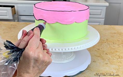 Cartoon Cake Tutorial Cartoon Cake Without Fondant, Cartoon Cake Ideas, Cartoon Cake Design, Comic Cake, Cartoon Birthday Cake, Heart Cake Topper, Cartoon Birthday, Black Fondant, White Buttercream