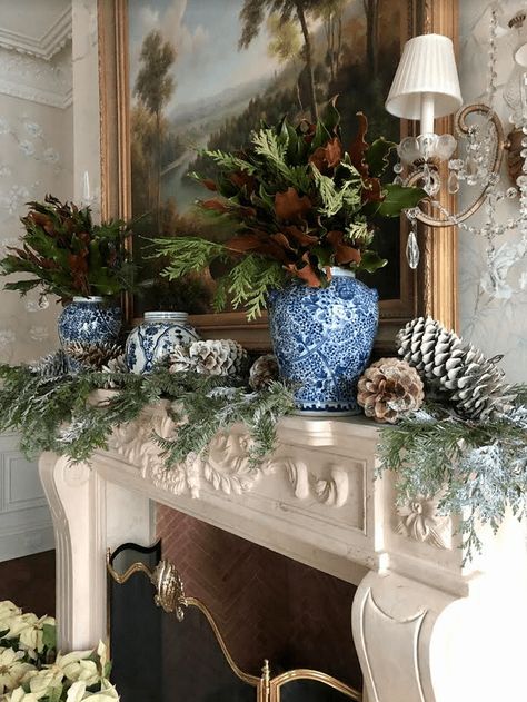 Hamptons Winter, Christmas Vignette, Christmas Urns, Chinoiserie Christmas, Southern Christmas, Blue Christmas Decor, Holiday Mantel, Fireplace Mantel Decor, Christmas Mantle Decor