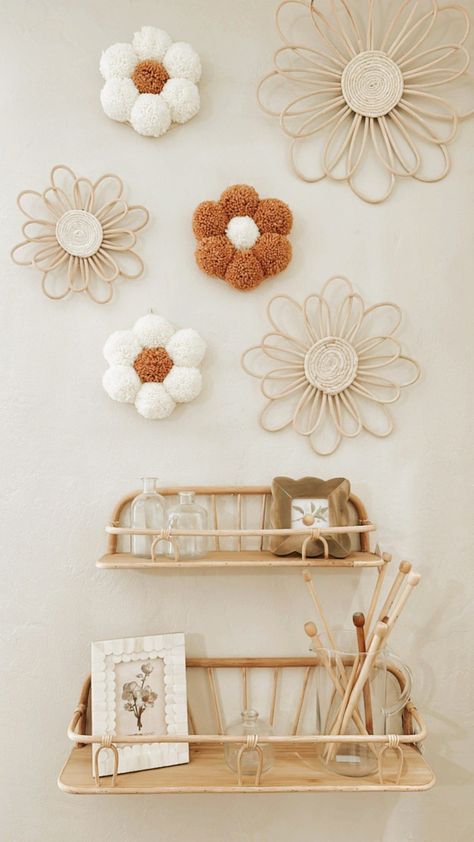 Flower Wall With Name Nursery, Nursery Flowers On Wall, Boho Fitting Room, Pastel Boho Nursery, Boho Wall Flowers, Orange Boho Nursery, Neutral Flower Nursery, Desert Rose Nursery, 70s Nursery Decor