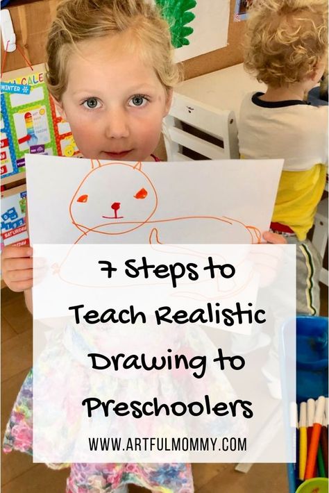 Teach your child about observational drawing. This means show them that if they want to draw a car, they can look at a car (or a toy car). Or if they want to draw a flower, they can go outside and pick a flower then draw it. Some kids are ready for this as early as age 4. Personally I think it's good to start observational drawing early, before they become self conscious about their art.  #artfulmommy Preschool Drawing Lessons, How To Draw A Person Preschool, Drawing Ideas For Preschoolers, How To Draw Preschool, How To Teach Drawing To Kids, Drawing For Preschool, Preschool Drawing Activities, Preschool Drawing Ideas, Preschool Sheets