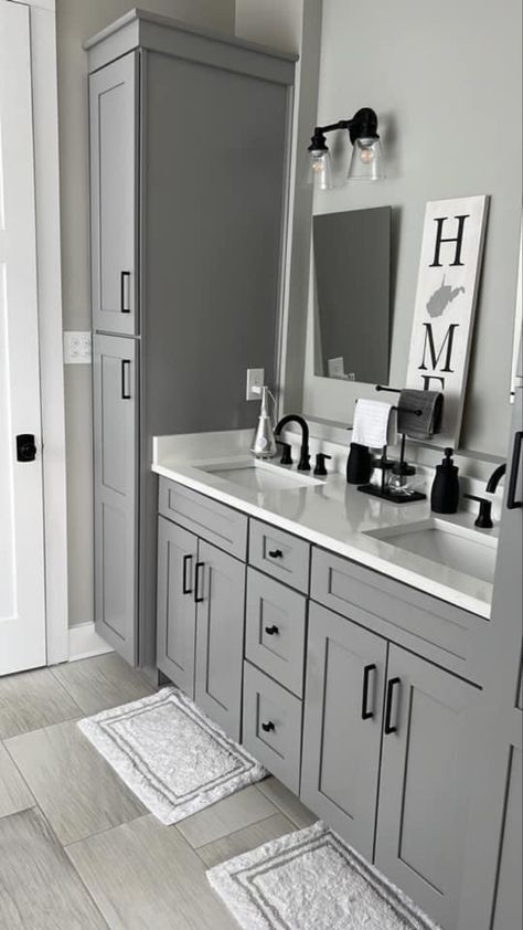 Grey And Matte Black Bathroom, Bathroom Ideas With Grey Cabinets, Bathroom White Black Grey, Bathroom Remodel With Gray Vanity, Gray Bathroom Cabinets Black Hardware, Gray Bathroom With Black Fixtures, Gray Painted Bathroom Cabinets, Bathroom Remodel Gray Vanity, Bathroom Ideas Grey Cabinets