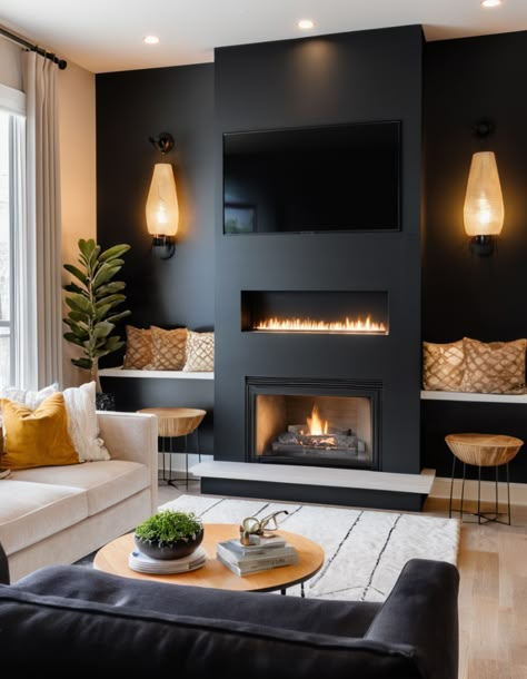 Dark Elegance: 49 Unique Black Accent Wall Ideas To Revamp Your Living Room Living Room Feature Wall Ideas With Tv And Fireplace, Fireplace Decor With Tv Modern, Living Room With Black Fireplace Wall, Black Shiplap Wall With Fireplace, Dark Walls Decor, Black Living Room With Fireplace, Black Fireplace Beige Walls, Media Accent Wall, Living Room Decor With Black Accents