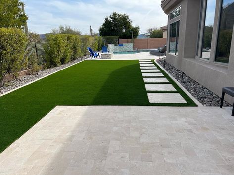 pavers-patios-backyard Cement And Turf Backyard, Las Vegas Backyard Landscaping Ideas, Pavers With Turf, Pavers With Grass In Between, Patio Outdoor Ideas, Turf Backyard Ideas, Turf Paver, Backyard Pavers, Simple Landscaping Ideas