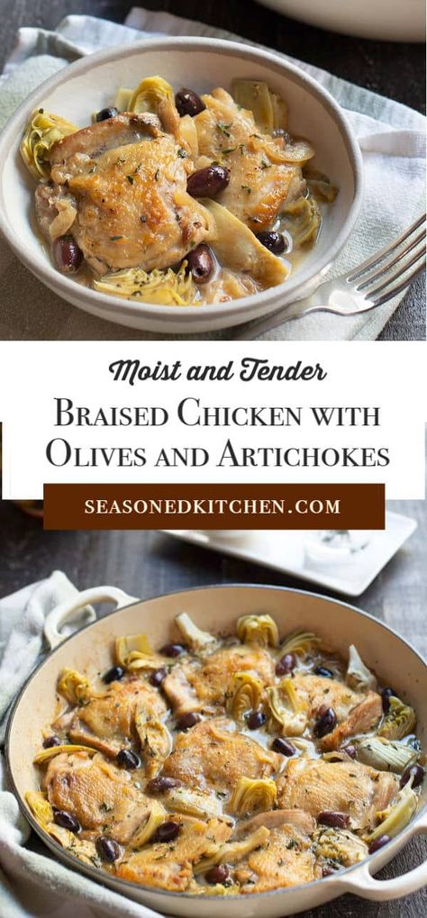 Braised Chicken Recipes, Braised Chicken Thighs, Olive Recipes, Artichoke Chicken, Chicken With Olives, Artichoke Recipes, Braised Chicken, Artichoke Hearts, Kalamata Olives